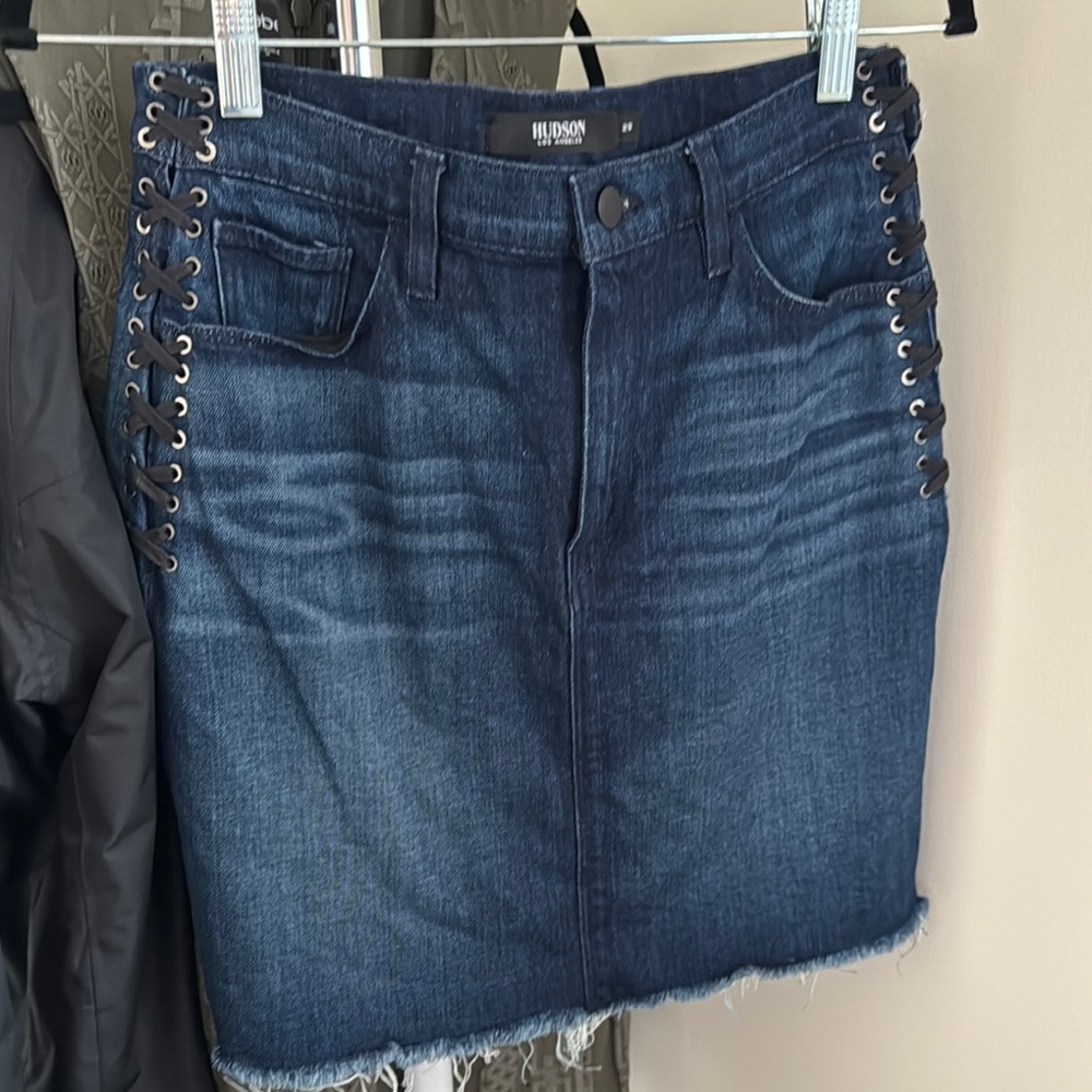 Hudson Jeans Dark Blue Denim Midi Skirt with Side Lace-Up